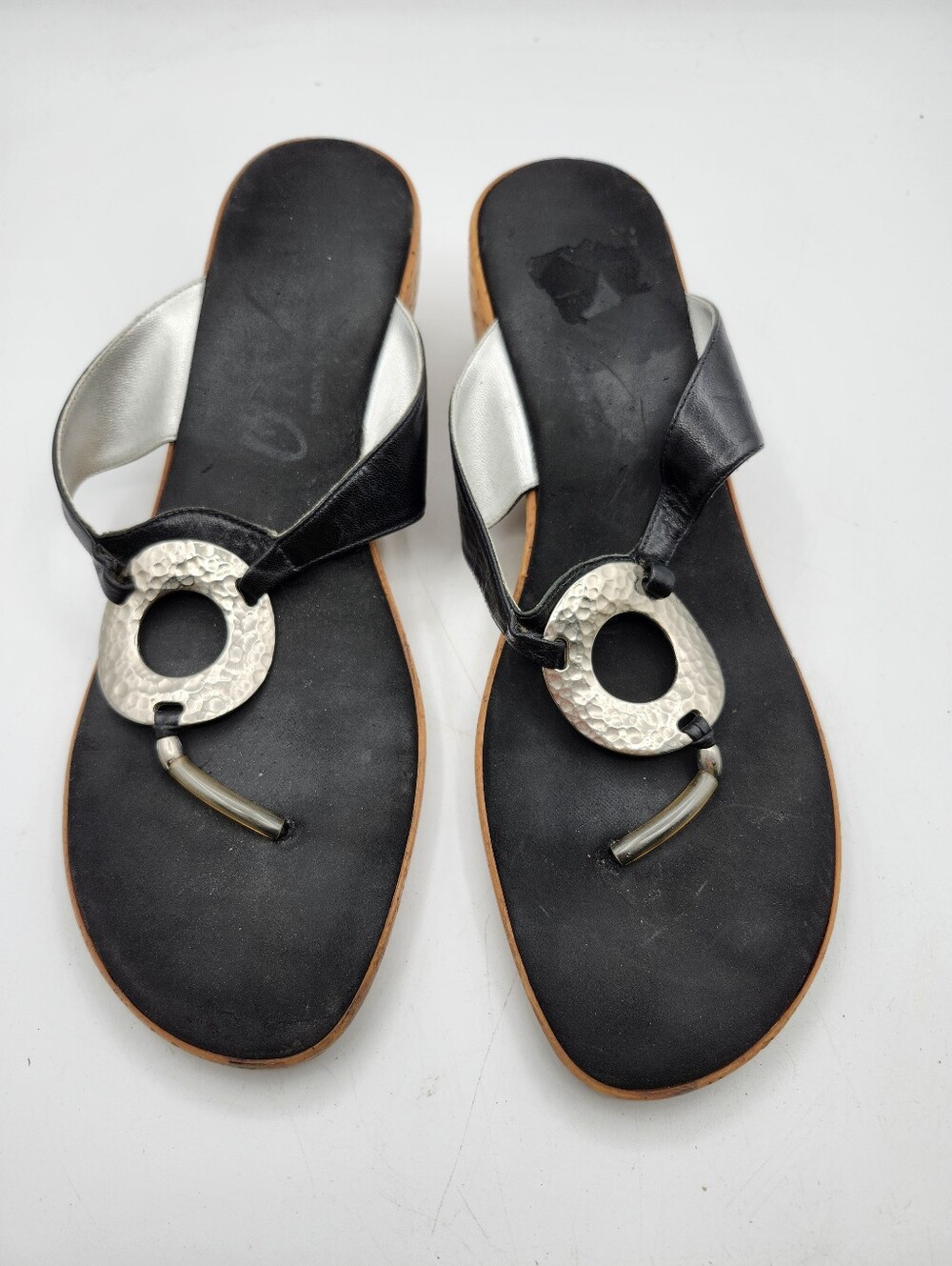 Onex Black and Silver Thong Sandals with Hammered Ring Accent